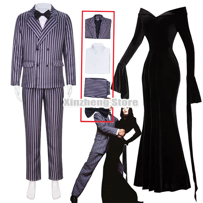 

Gomez Addams Cosplay Anime Morticia Costume Dress Halloween Carnival Outfit Adult Kid Coat Shirt Pant Tie Suit Party Uniform