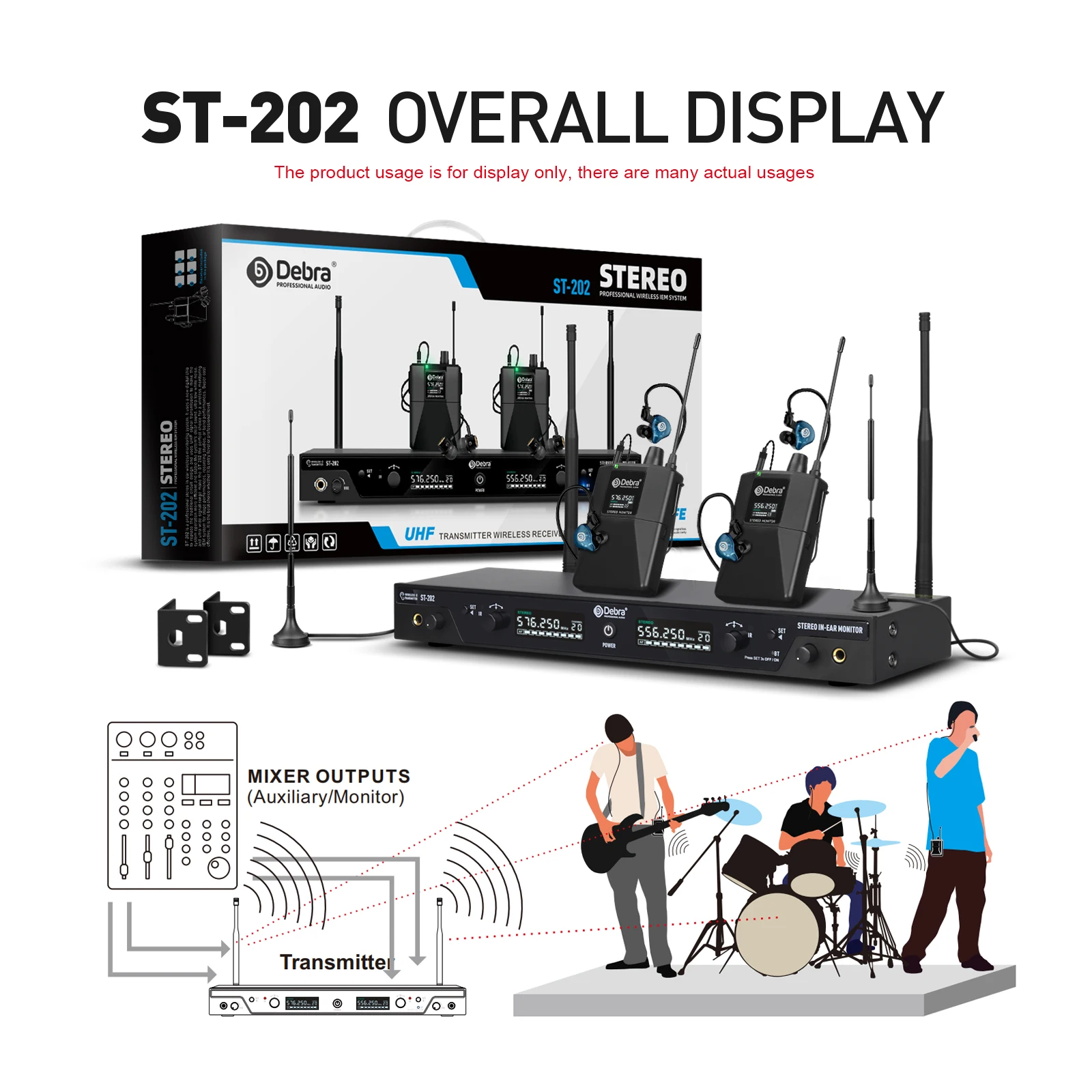 Debra UHF IEM Stereo ST-202 Professional Wireless In-Ear Monitor System 560-590M