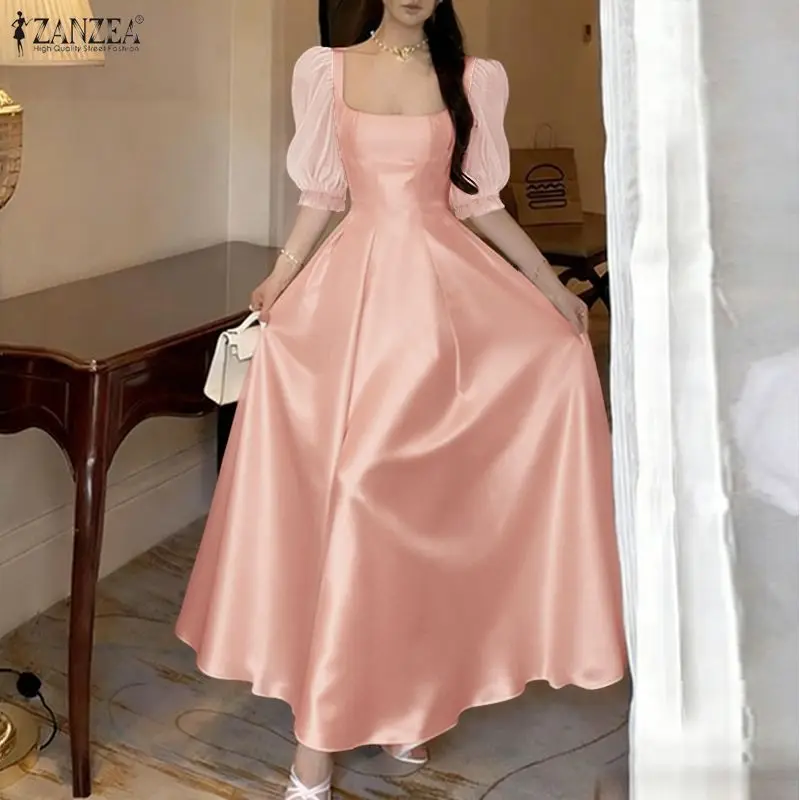 ZANZEA Elegant Stylish A Line Party Dress Women Square Neck Short Puff Sleeve Sundress Mesh Patchwork Dresses Waisted Robe 2026 5