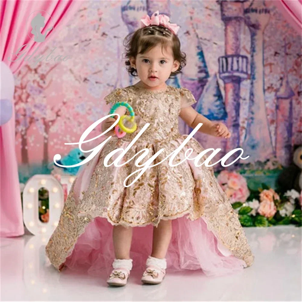 Wedding Princess Flower Girl Dress Short Sleeve Sweep Train First Communion Dress hair accessories bridal hair accessories bridal jewelry set lace veil