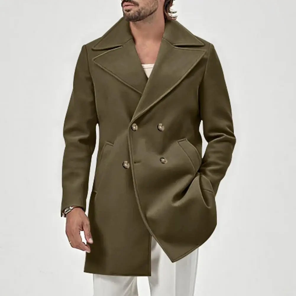 Retro Style Coat Double-breasted Mid Length Men's Winter Overcoat with Warm Pockets Turn-down Collar in Solid Color for Fall