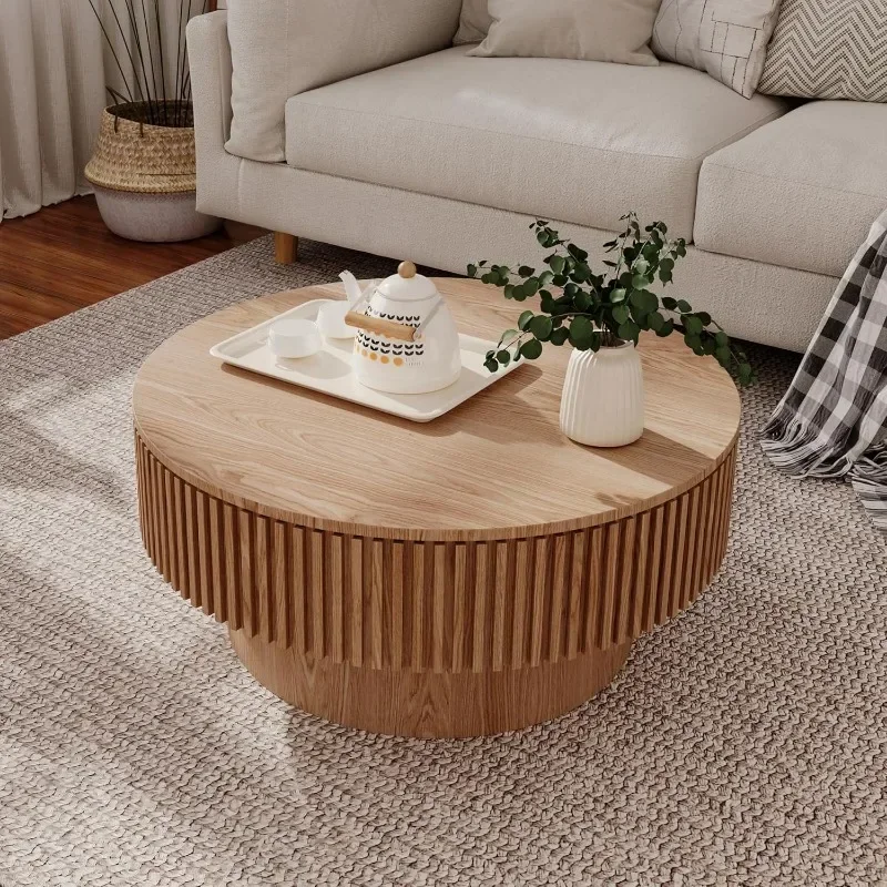 Modern Minimalist Wooden Round Side Coffee Table with Storage, 31.5" Solid Wood Veneered Drum Circle
