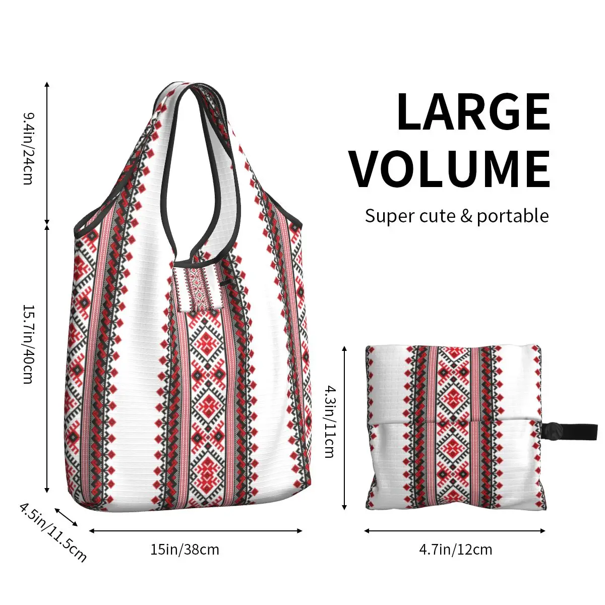 Cute Ukraine Vyshyvanka Embroidery Shopping Tote Bags Portable Bohemian Geometric Grocery Shopper Shoulder Bag images - 6