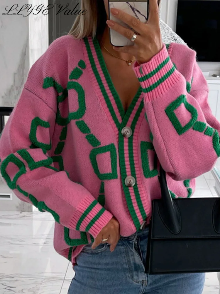 Cardigan For Women Green Striped Pink Knit Button Lady Cardigans Sweaters V-neck Loose Casual Winter 2022 Knitted Coat Fashion