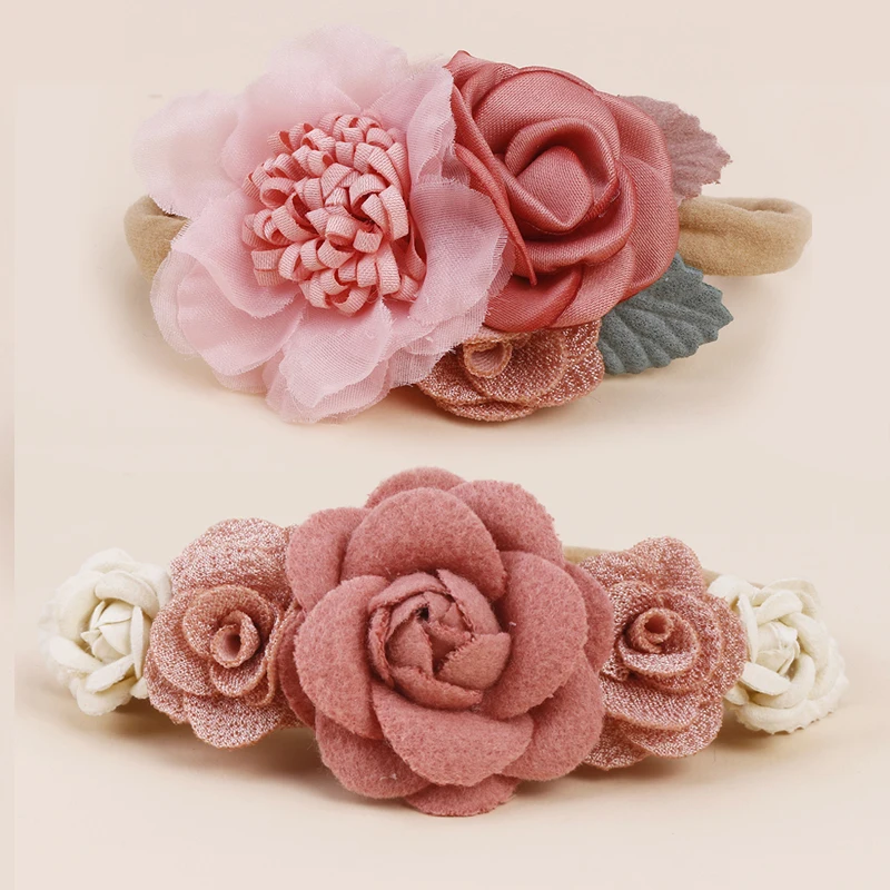 Popular Beautiful Spring Rose Blossoms Pink Purple Green Blue Handmade Nylon Headband for Girls Daily Matching with Party 2pcs 3