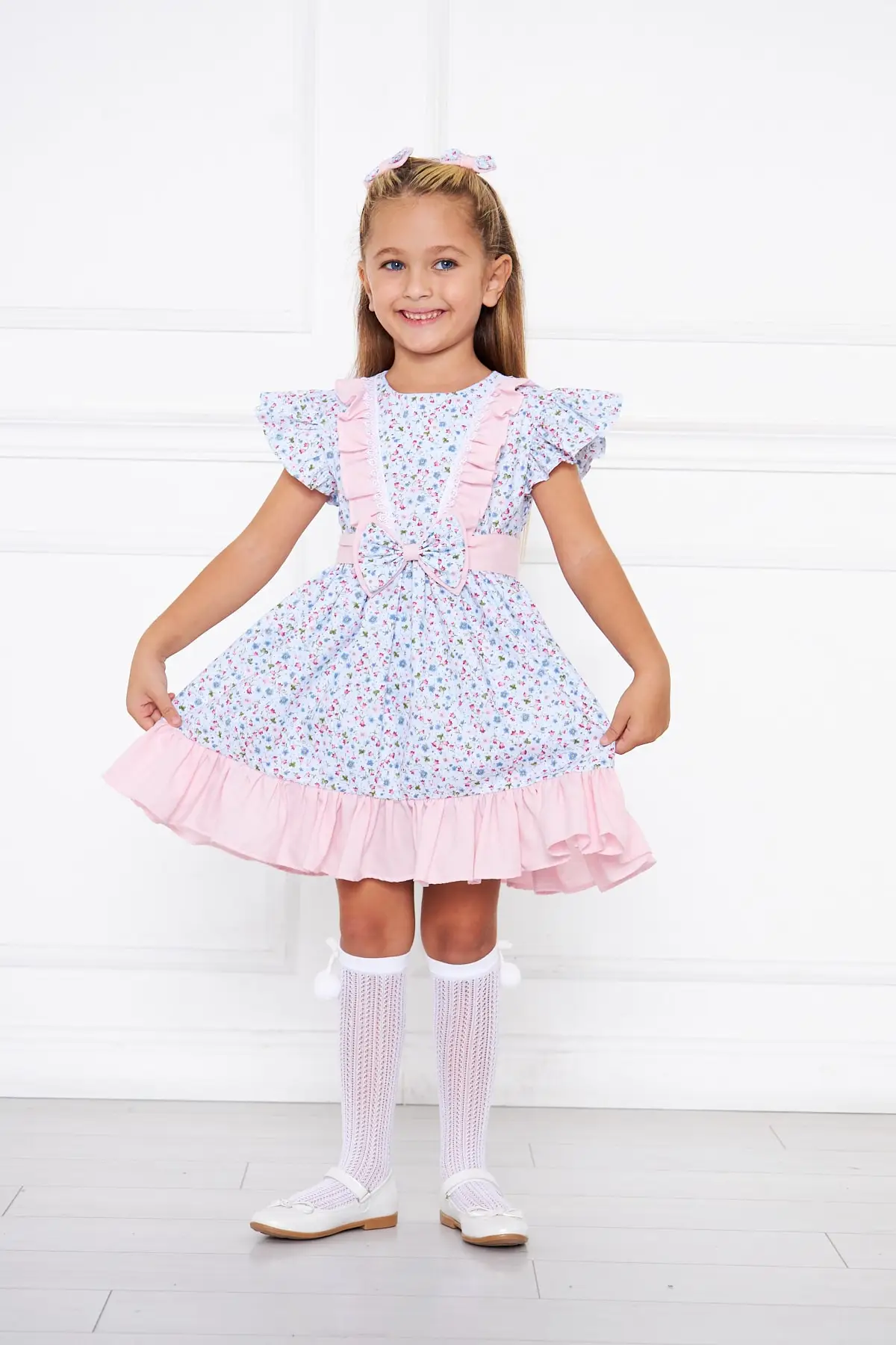 

Blue Flower Patterned Ruffle Girl's Dress Woven 100% Cotton Floral Basic Young Short Sleeve Trend Bicycle