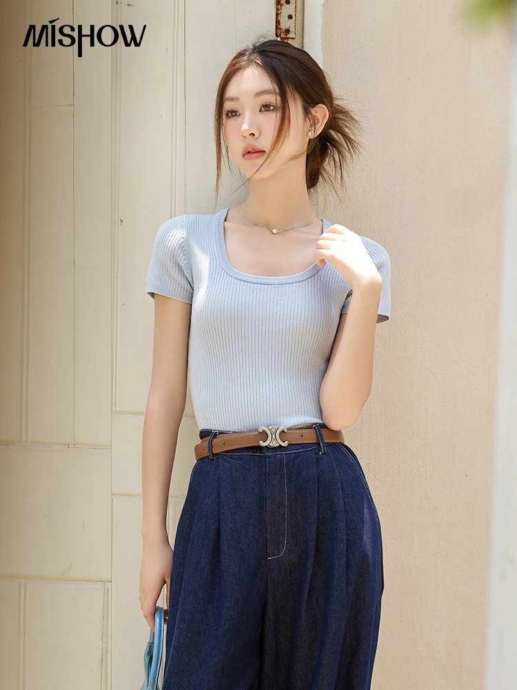 

MISHOW Knitted U-neck T-shirts for Women 2023 Summer Multi-color Short Sleeve Tops Female Clothing Casual Solid Tees MXC39Z0075