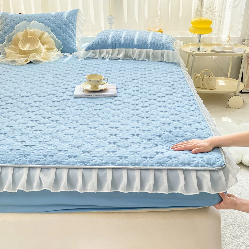 Summer Girls Solid Color Lace Bed Skirt Soft Mattress Mat Cover Home Washable Fitted Bedsheet Queen King Size(No Pillowcase) 1pc 3
