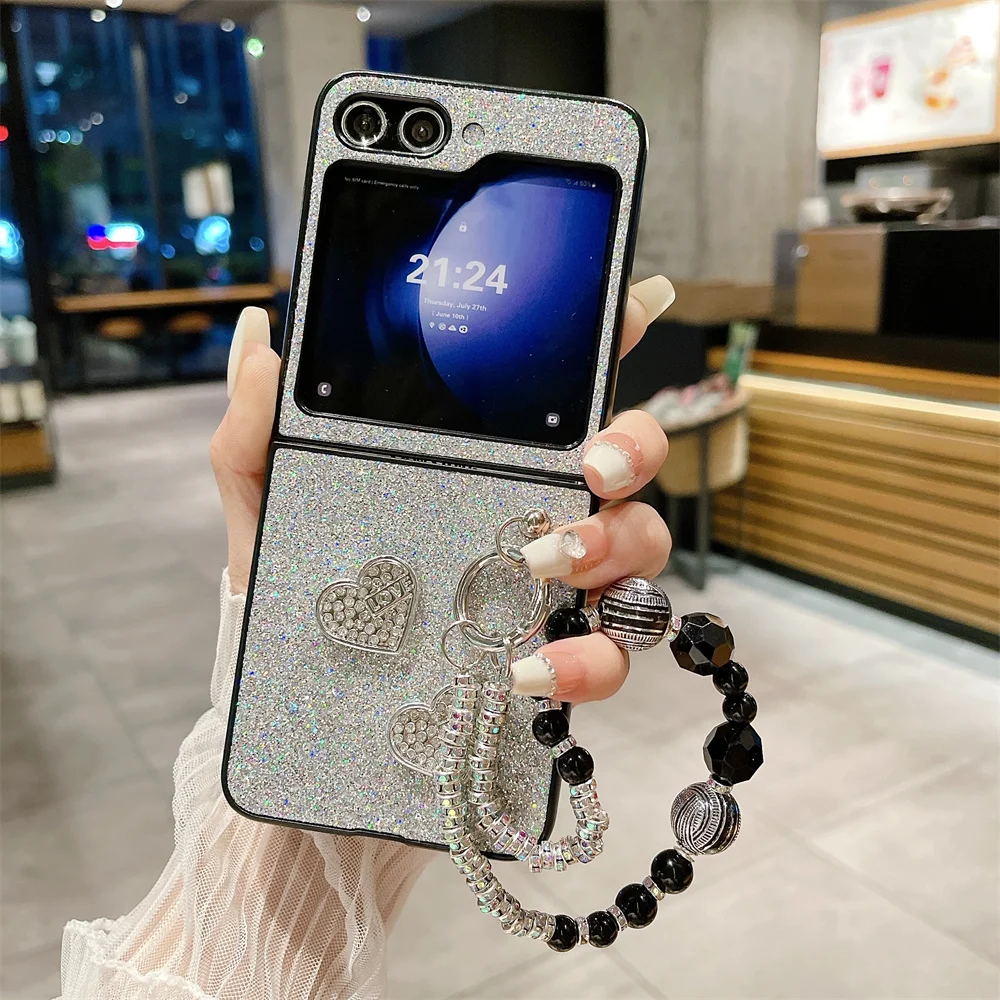 Shiny Colorful Phone Case For Samsung Galaxy Z Flip 3 4 5 5G Solid Color Love Bracelet Protective Cover Flip5 Flip4 Shell