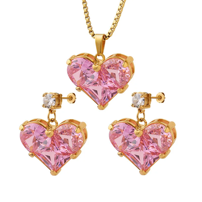 Jewelry Sets Women Earrings Chain Necklace 3pcs Y2k Heart-shaped Zircon Pendant Earrings Necklaces Set