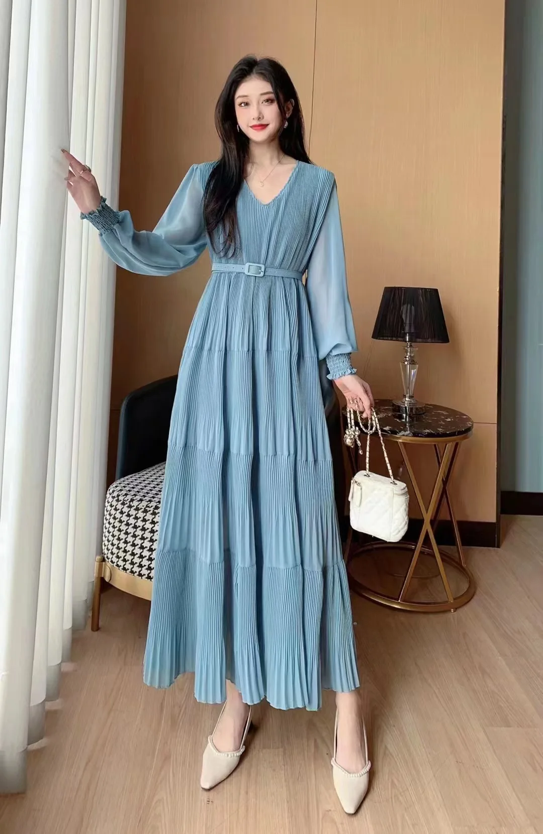 2024 New Spring Autumn Women V-Neck Long Sleeve Belt Slim Long Dress Fashion Folds Big Hem Elegant Evening Party Dress