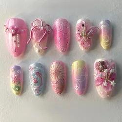24PCS Glittering Golden Butterfly and Floral Almond Press - On Nails (4)