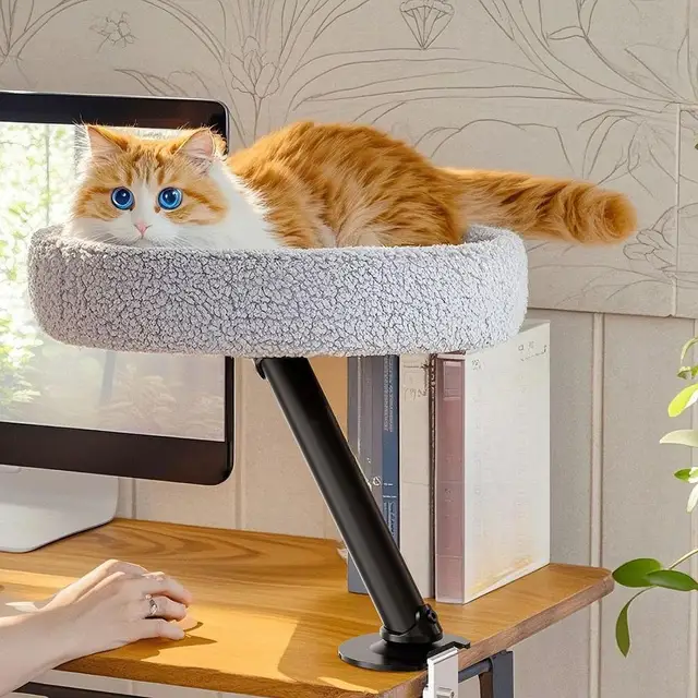 Double Cat Desk Bed - 2 Cat Perch Attachment For Home Office, Clamp-On Swivel Hammock (Black)