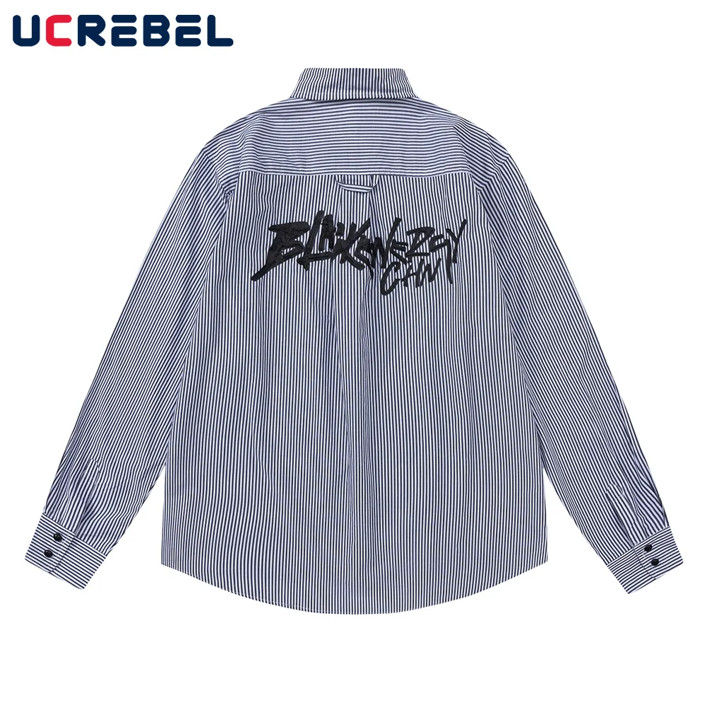 

Letter Print Loose Long Sleeved Shirt Mens Autumn Casual Striped Streetwear Lapel Shirt Men Top
