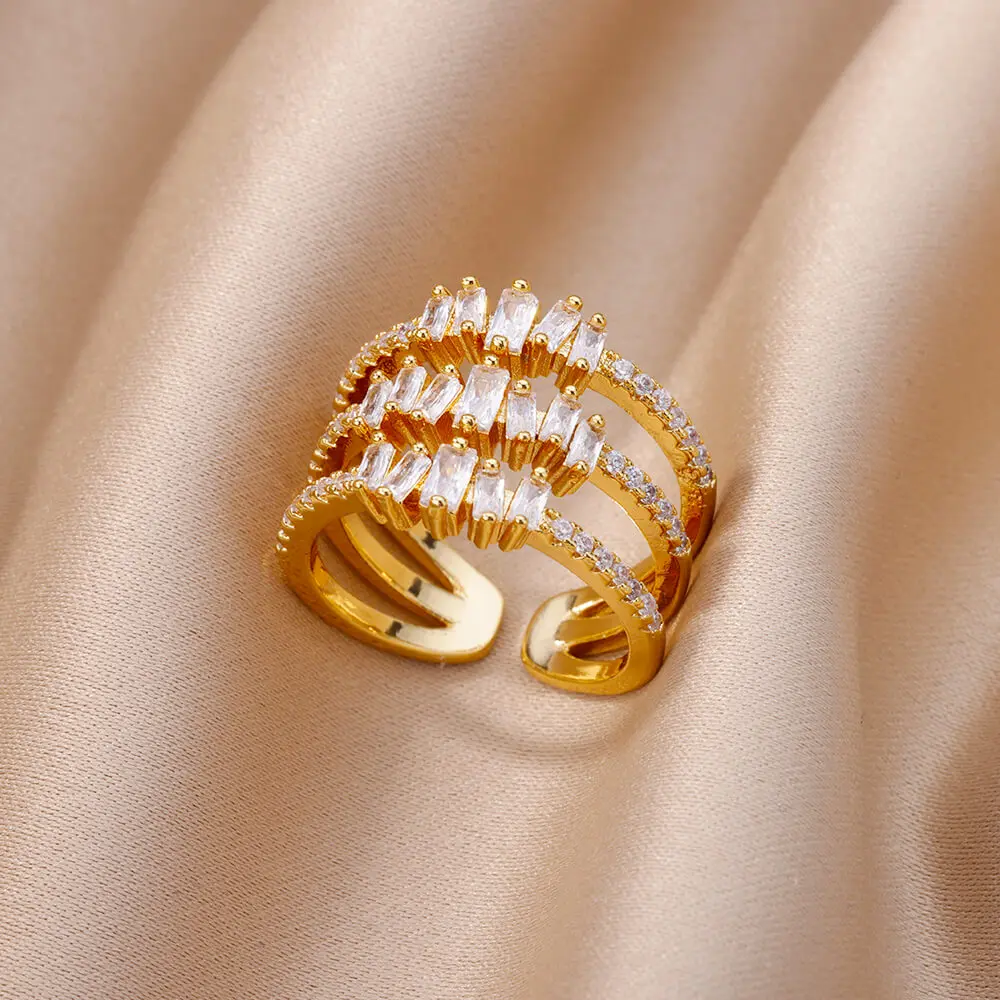 White Zircon Adjustable Stainless Steel Gold Plated Plant Ring