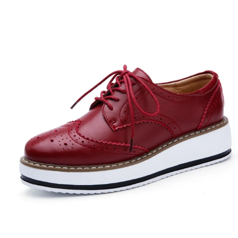 Women Oxford Shoes Derby Platform Flats Brogue Leather Lace Up Classic Bullock Footwear Female For Spring Autumn