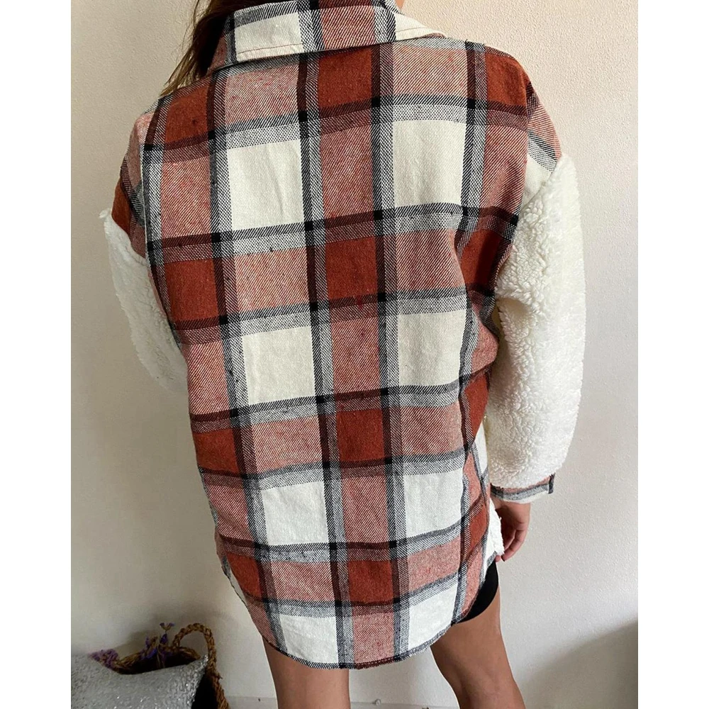 Autumn Women Plaid Print Pocket Design Colorblock Teddy Shirt Coats Femme Long Sleeve Turn-down Collar Fluffy Loose Jackets
