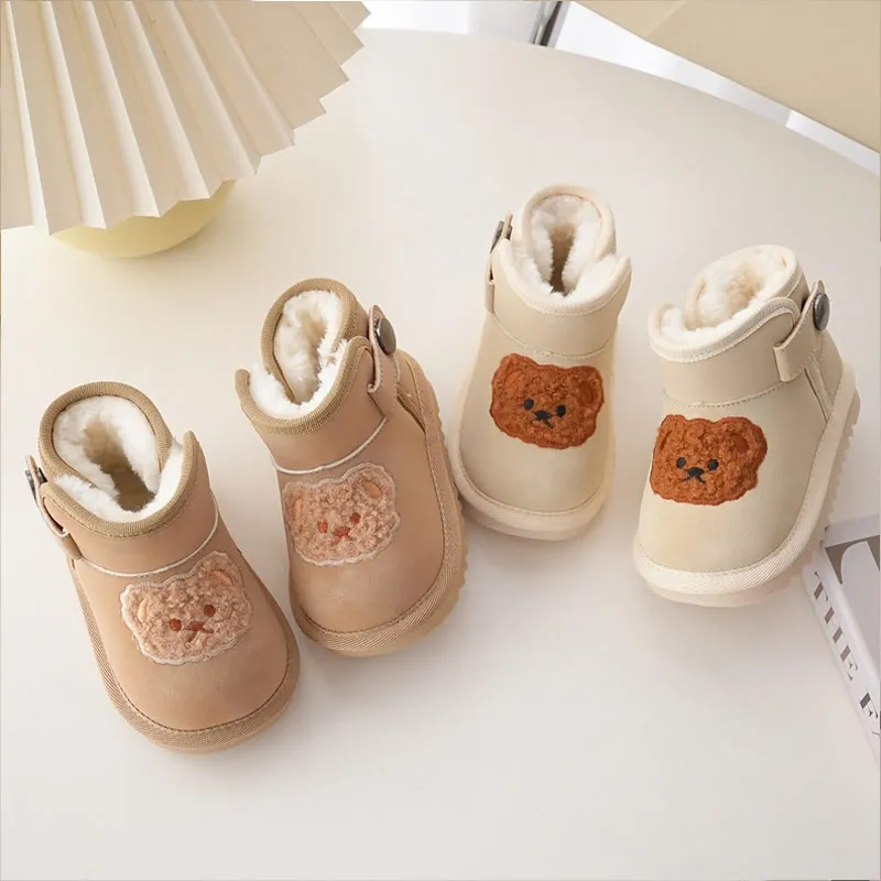 

Children Shoes Girl's Bear Embroidery Warm Plush Winter Infant Boots Boy's Soft Sole Non-slip Toddler Shoes Size 17-28