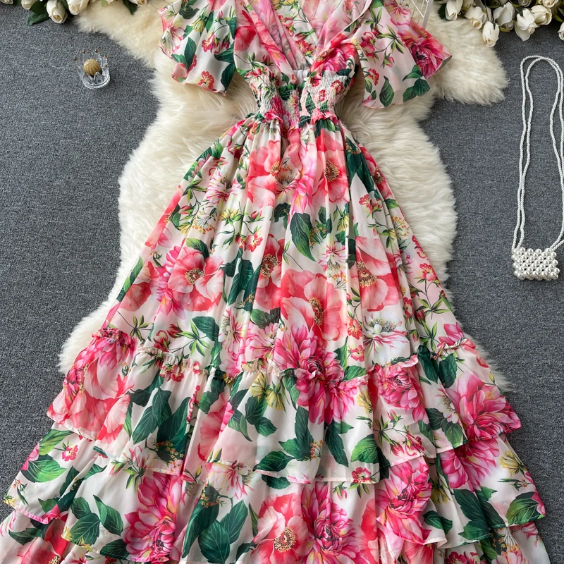 Elegant Party Dress Women Chiffon Printed Floral Long Dresses Ladies Short Sleeve Sexy V-neck Beach Maxi Dress Vestidos