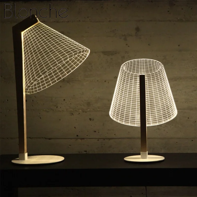 3D Effect Stereo Vision LED Desk Lamp Wood Support Acrylic Lampshade LED Light Living Room Bedroom Reading Lamp with USB Plug 3