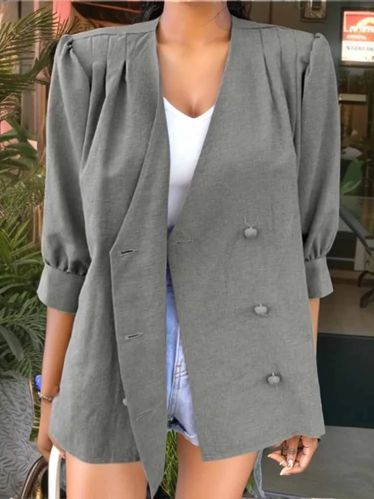ZANZEA 여성용 퍼프 소매 얇은 블레이저 코트, 우아한 더블 브레스트 단추 아웃웨어, 포멀 패션 블레이저, 솔리드 재킷, 2024 여름 