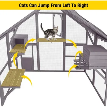 Catio Outdoor Cat Enclosure Large Cat Run with Bridges, Walks, Small Houses, Roof Cover 28.27 ft² 4