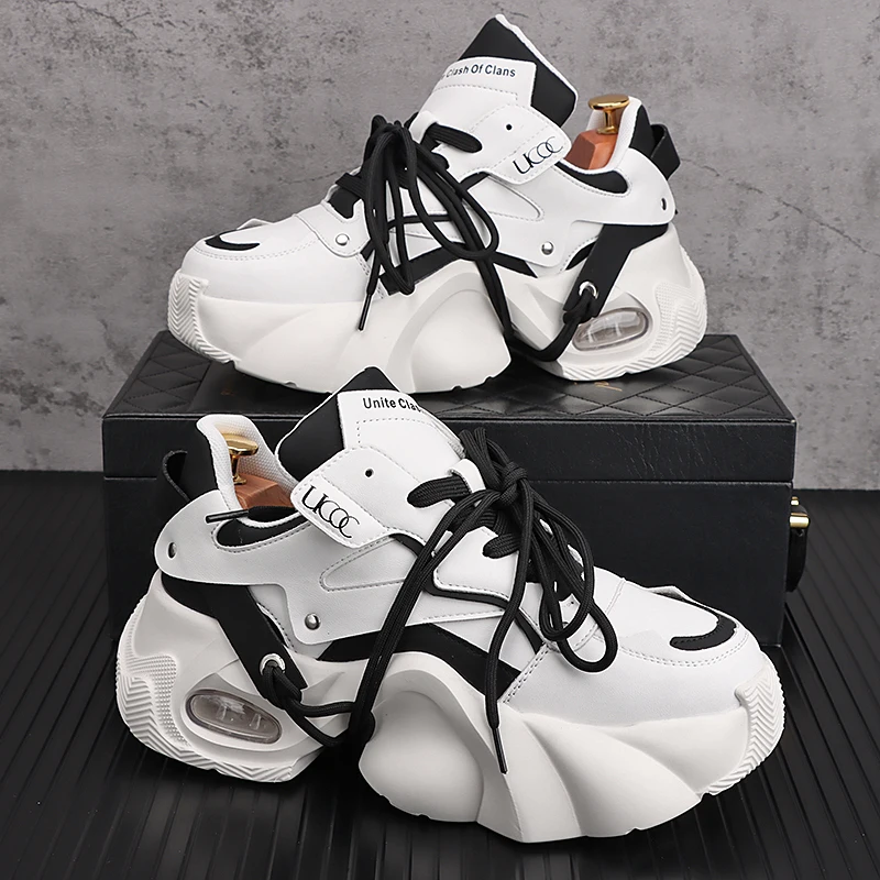 

New Arrival Men Fashion Height Increasing Dad Shoes Luxury Designer Leather Youth Trending Rivets Walking Style Chunky Sneakers