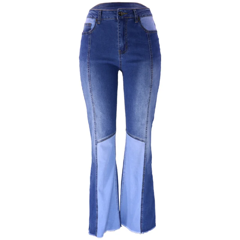 Women High Waist Color Contrast Patchwork Flared Jeans Comfortable Casual Commuter Wide Leg Denim Pants Female Stretch Trousers