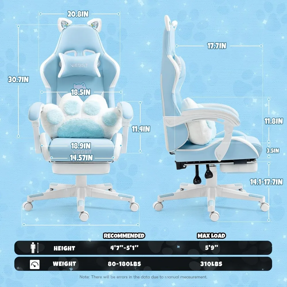 A Cute Cat Gaming Chair with dimensions and weight capacity displayed on a blue background.