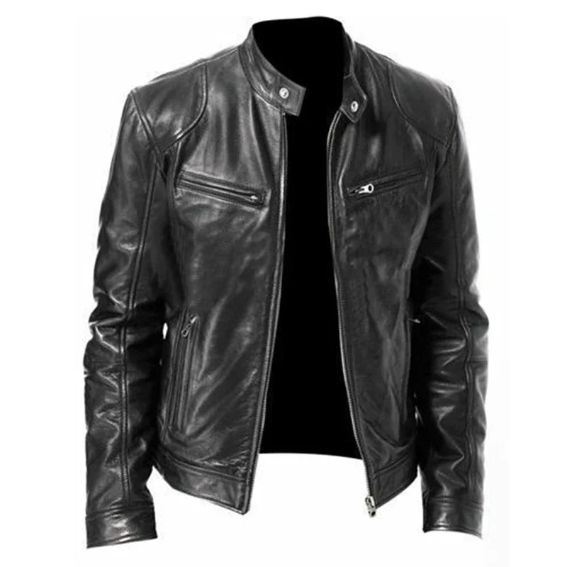 Fashion Autumn Male Leather Jacket Black Brown Men Stand Collar Coats Leather Biker Jackets Motorcycle Punk Jacket