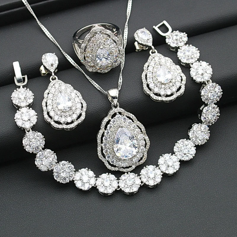 Exquisite White Cubic Zirconia Silver Color Jewelry Sets For Women Wedding Necklace Drop Earrings Bracelet Ring Free Gift Box