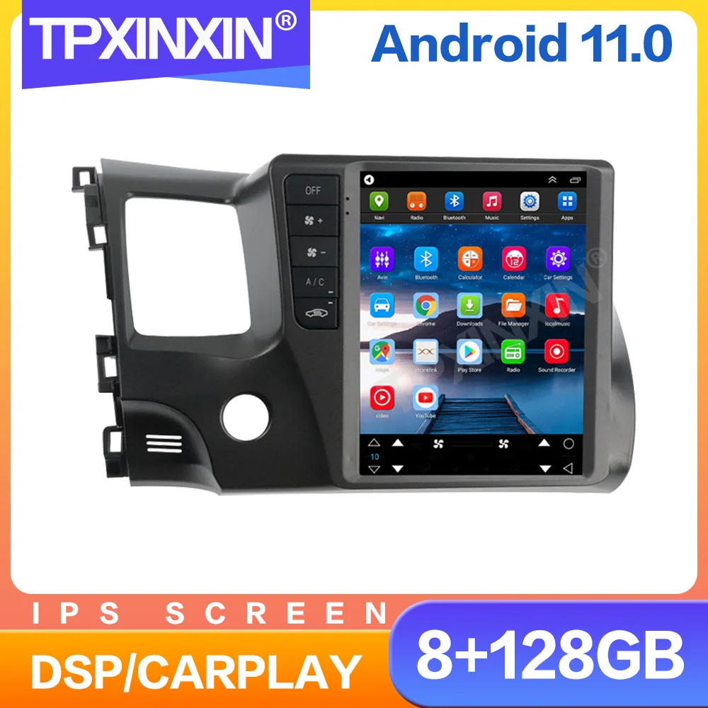 

8G+128GB Tesla Style Android 12 AutoRadio For Honda Civic 8 2006-2012 Car Multimedia Player Navi GPS 2 din Stereo DSP Radio Unit