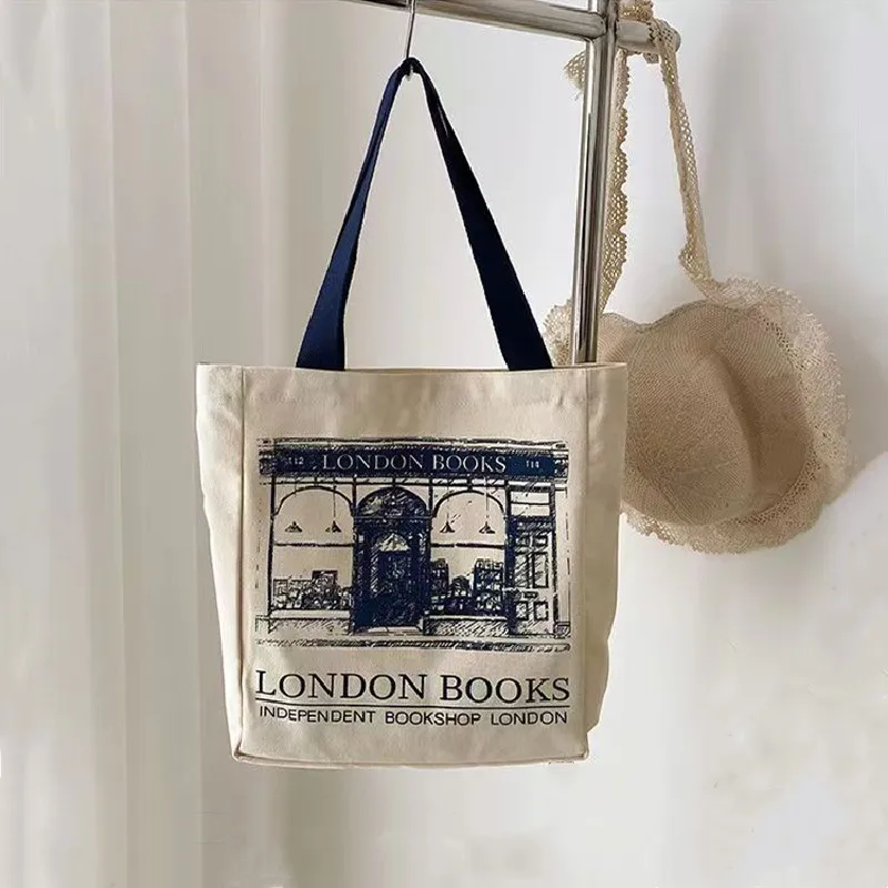 Women Canvas Handbags Shoulder Bag London Books Print Ladies Casual Tote Bag Female Handbag Shopping Bag Student School Bags
