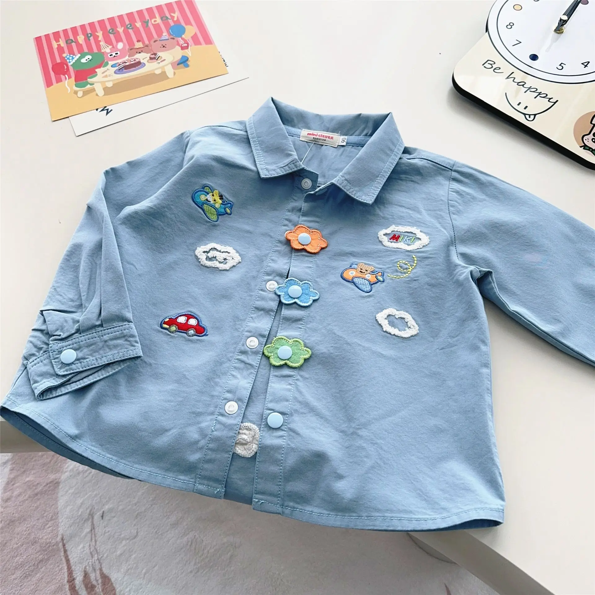 Japanese Children's Clothing 25 Spring New Item Men's And Women's Lapel Embroidery Loose Teddy Bear Flying Cartoon Shirt
