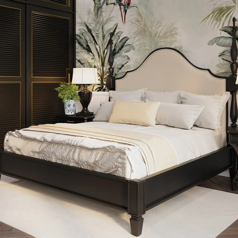 

Rural Vintage Solid Wood Bed 1.8m Master Bedroom Double 1.8 Pillar Bed Soft Wrapped Bed Medium Vintage Genuine Leather Bed