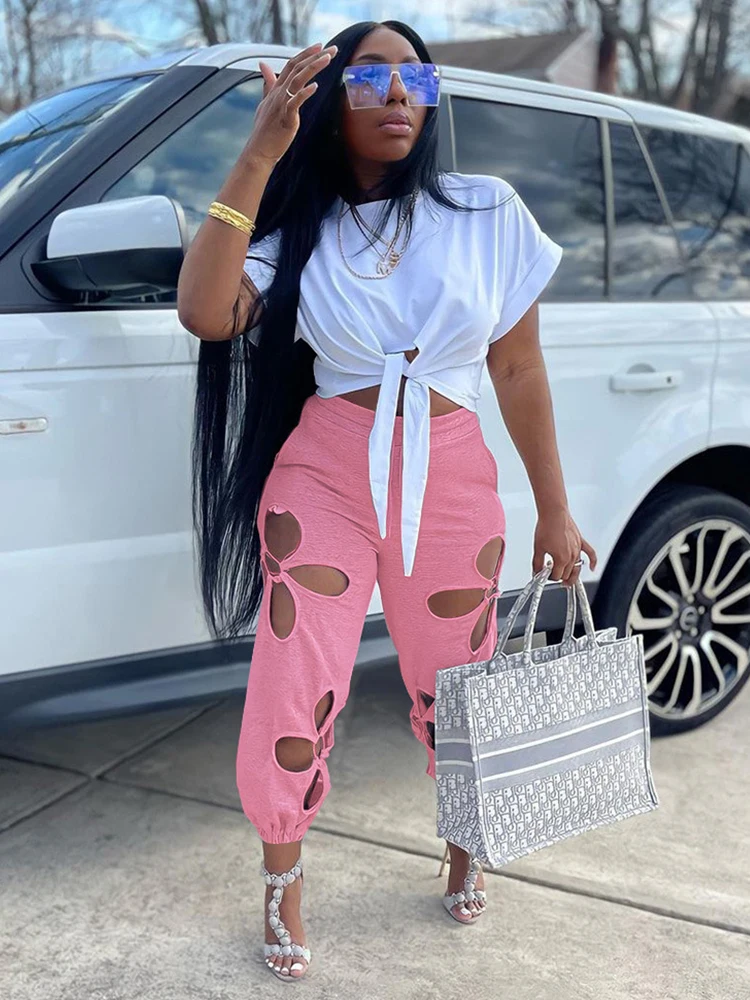 

Solid Casual Two Piece Sets Womens Outifits Loungewear Short Sleeve Bow Tie T-shirts and Hollow Trousers Summer Female Tracksuit