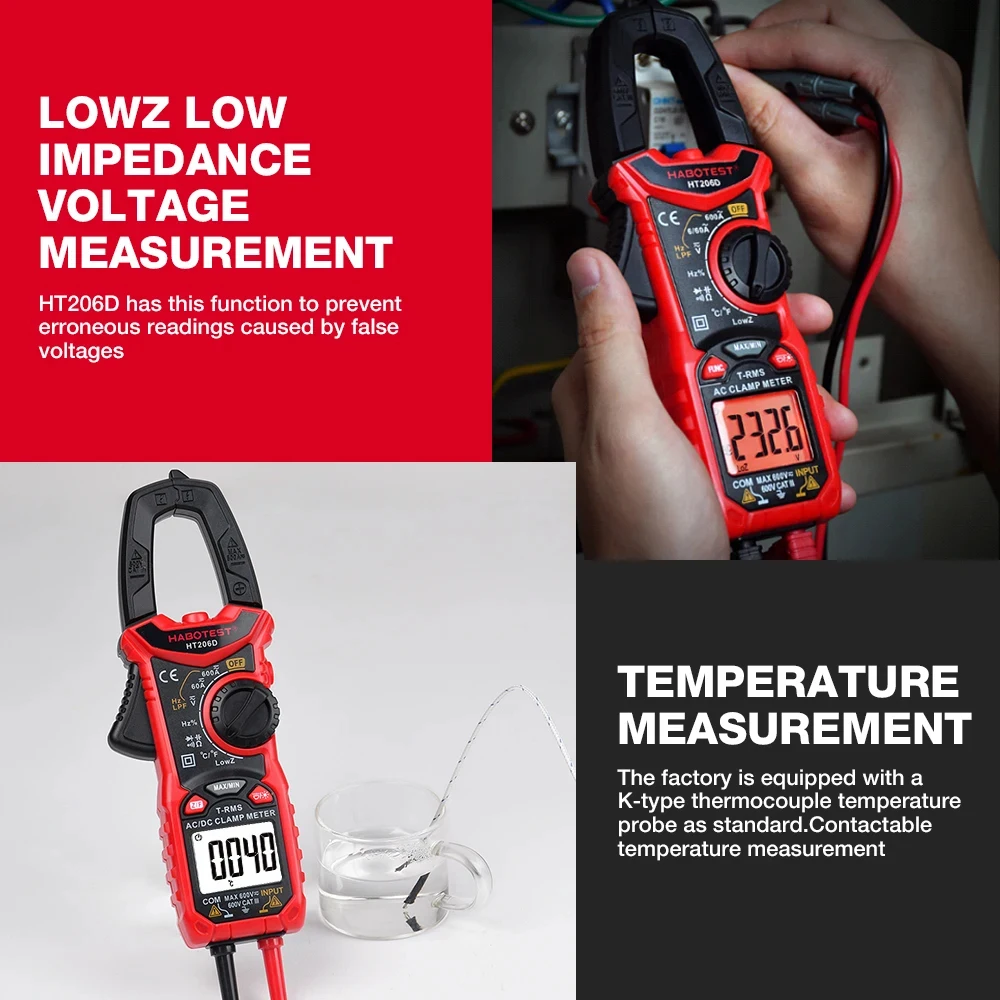 Digital Multimeter HABOTEST HT206 Clamp Meter 600A Current Pliers Ammeter Voltmeter Hz Ohm Capacitance Electrical Tester