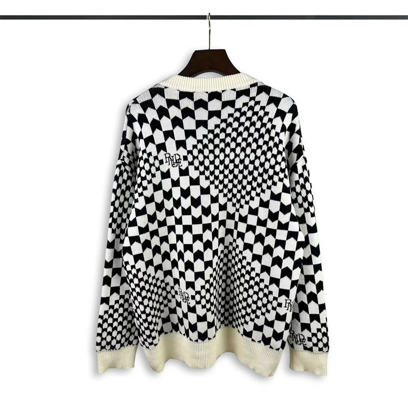 

2023SS New Rhude Black Plaid Jacquard Sweater Men Women 1:1 High Quality Black Oversized Knit Sweatshirts