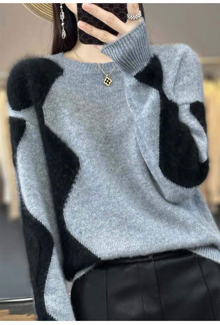 Outono Inverno Novo 100 Camisola de lã Pura Feminino Tripulação Pescoço Cor Contraste Engrossado Camisola Solta de Malha Topos 16 Computers e Electronics