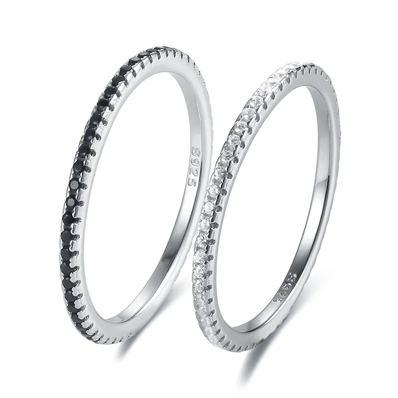 925 Sterling Silver Jewelry Shiny Zircon Women's Rings Black White Paired Ring Solid Bands Fine Minimalism Monaco silver ring silver rings