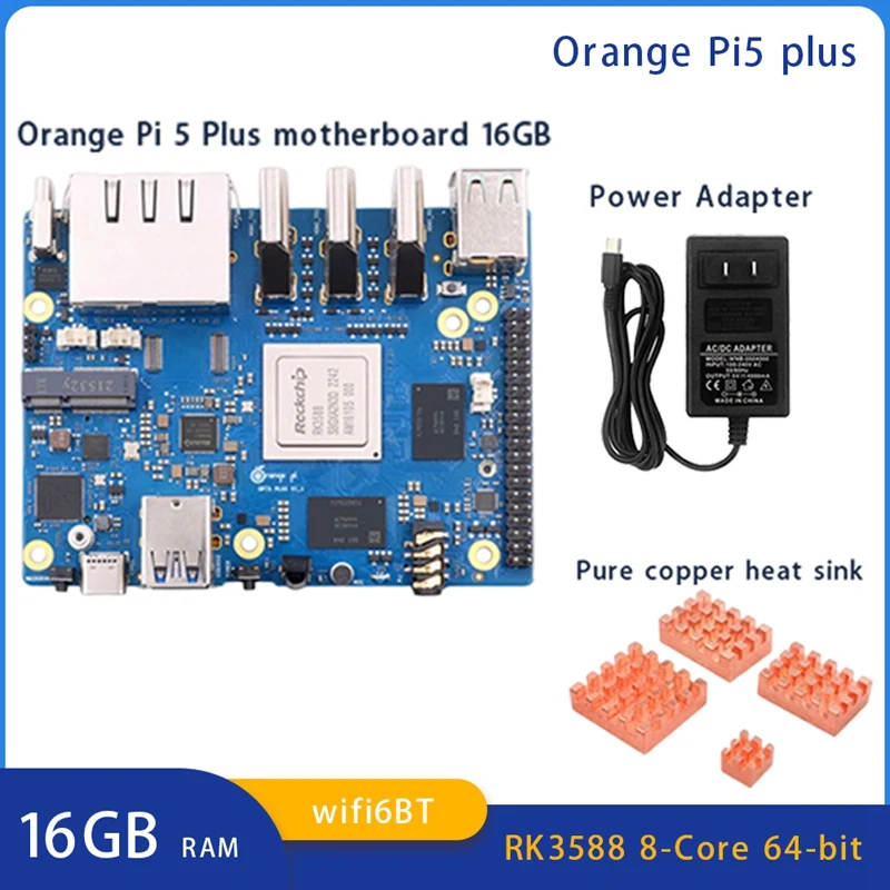 

Для Orange Pi 5 Plus 16 Гб ОЗУ RK3588 Восьмиядерный 64-бит Поддержка 8K видео 2,5G Wifi6 BT модуль с аксессуарами