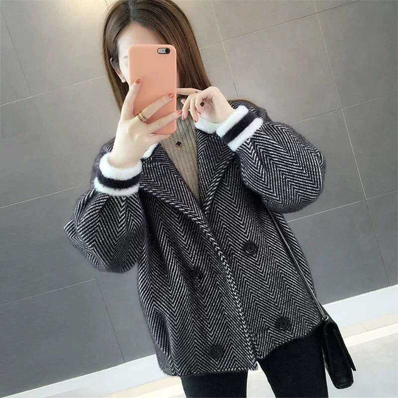 Women's Short Section Pretty Herringbone Wool Jackets Fashion Double Breasted Spring Coats Female Sweater Knitted Mink Jacket