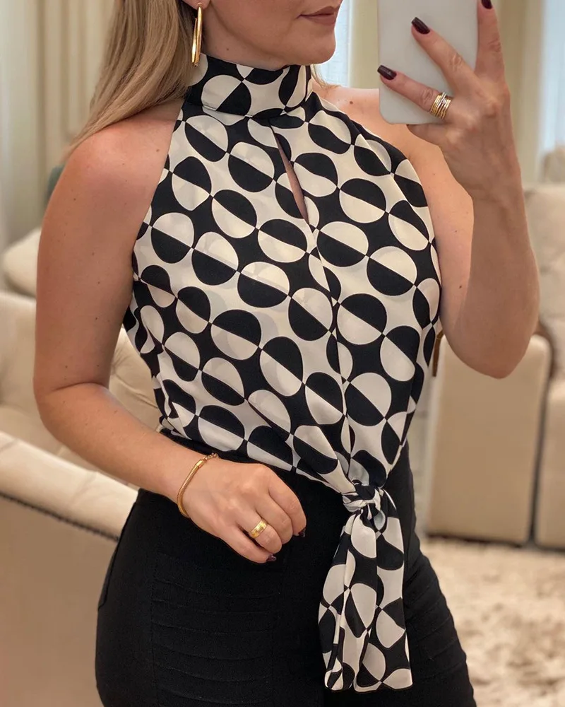 

Blouse for Women Tie Front Allover Print Top Tops Ladies Summer Shirts Casual O-Neck Sleeveless Blouse Office Clothes Female New