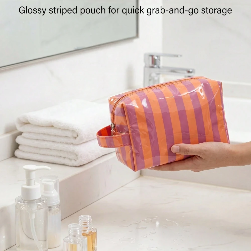 Spacious & Stylish Travel Cosmetic Organizer with Striped Zipper Design