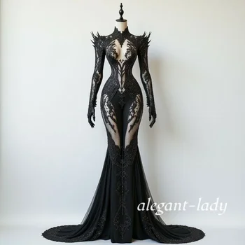 Abito da Sposa Gotico Nero Personalizzato con Pizzo, Ricami e Perline, Stile Sirena, per Matrimoni e Occasioni Speciali