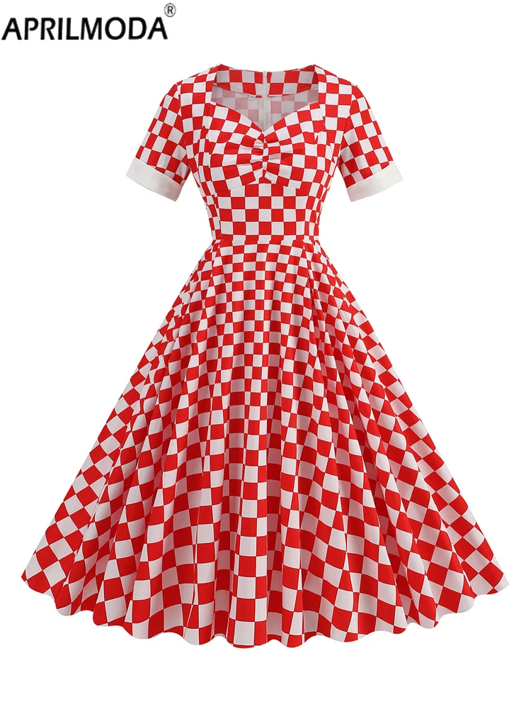 

Elegant Red White Plaid Print Rockabilly Retro Dress 50s Sweetheart Neck Women Summer Ruched Front Cotton Vintage Long Dresses