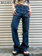 

Weekeep Low Rise Jeans Women Bootcut Pants Y2k Streetwear Baggy Pocket Patchwork Korean Fashion Denim Pants Vintage Basic Jeans