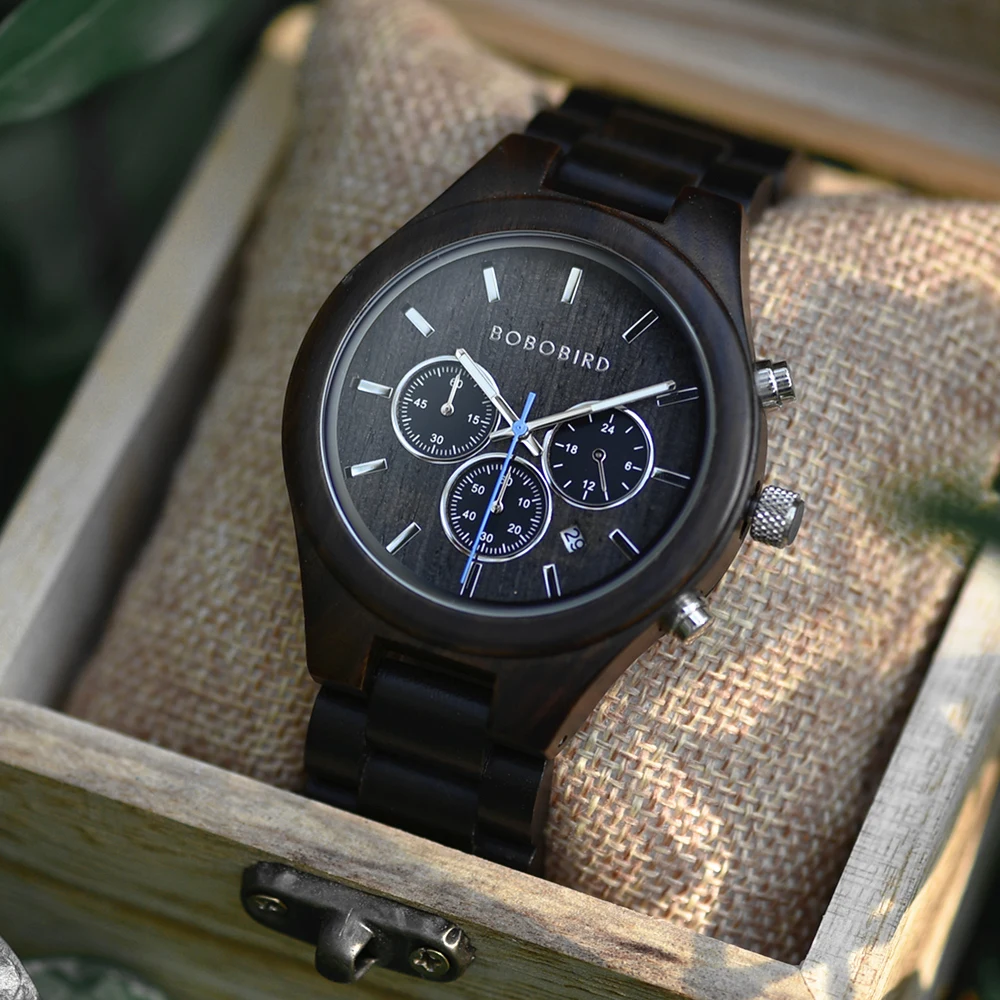 BOBO VOGEL Männer Uhr Luxus Handgemachte Holz Armbanduhr Ebenholz Chronograph Stoppuhr Datum Display Logo Nach Dropshipping