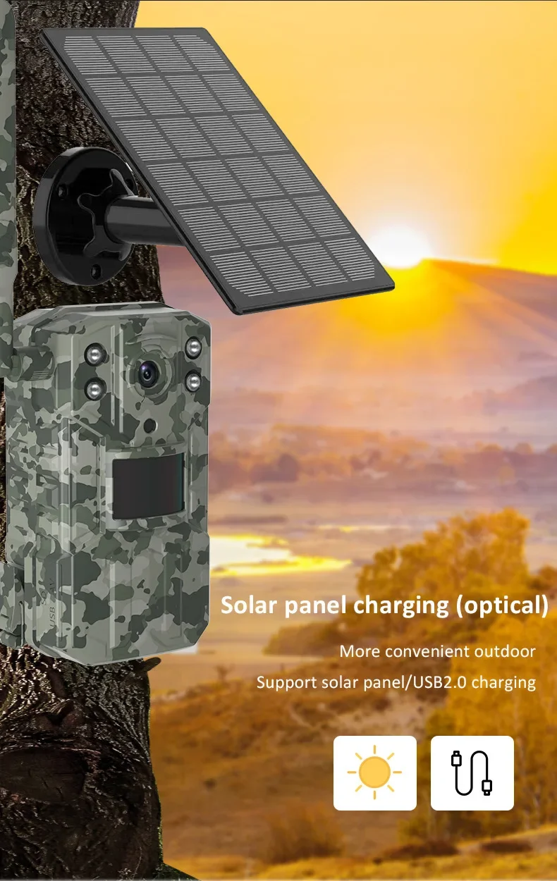2560x1440 4G Solar Trail Camera, Solar-powered camera with optical sensor and dual-charging options for extended outdoor use via solar panels or USB 2.0 connections.