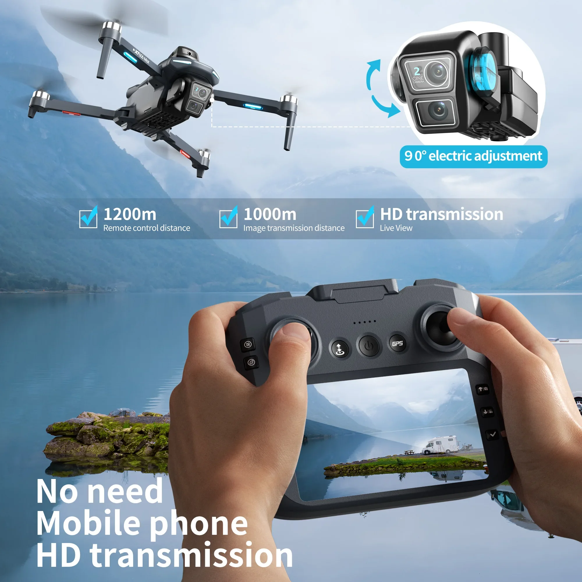 Drone XT606 Pliable 4K/8K HD en action avec modes de vol intelligents affichés sur l'écran de contrôle